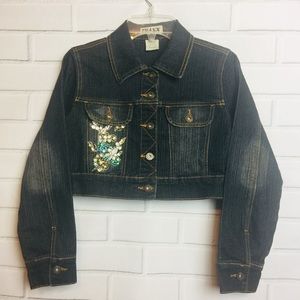 DENIM CROPPED JACKET W/ EMBELLISHMENTS | Blue | Lg